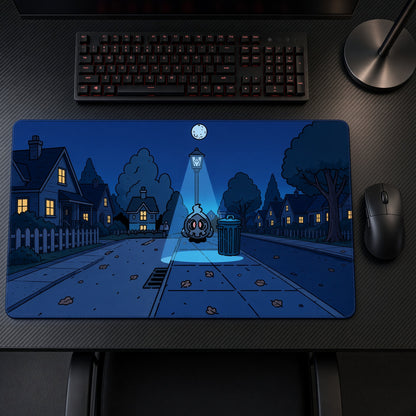 Duskull Night Street Pokémon Playmat on a gaming desk, top-down view
