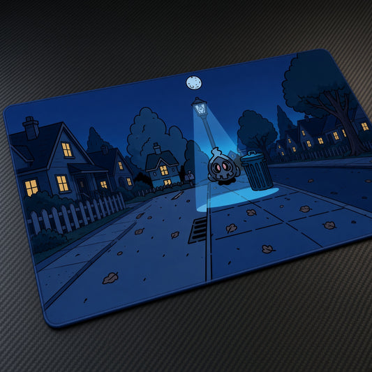 Duskull Night Street Pokémon Playmat at an angle with keyboard and mouse