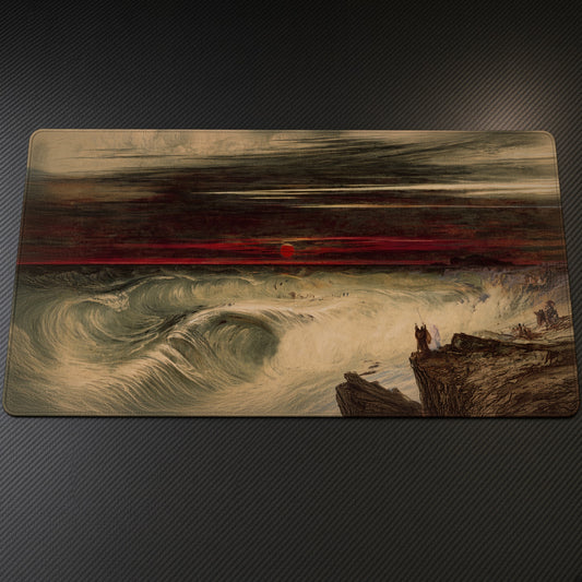 The Destruction of Pharaoh's Host John Martin Playmat on a gaming desk, top-down view