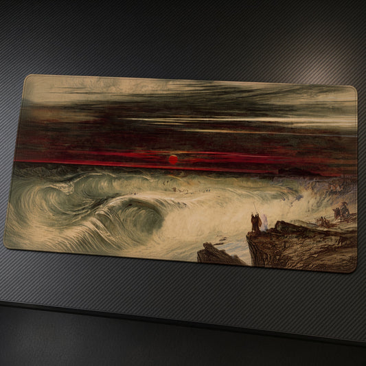 The Destruction of Pharaoh's Host John Martin Playmat at an angle on a gaming desk
