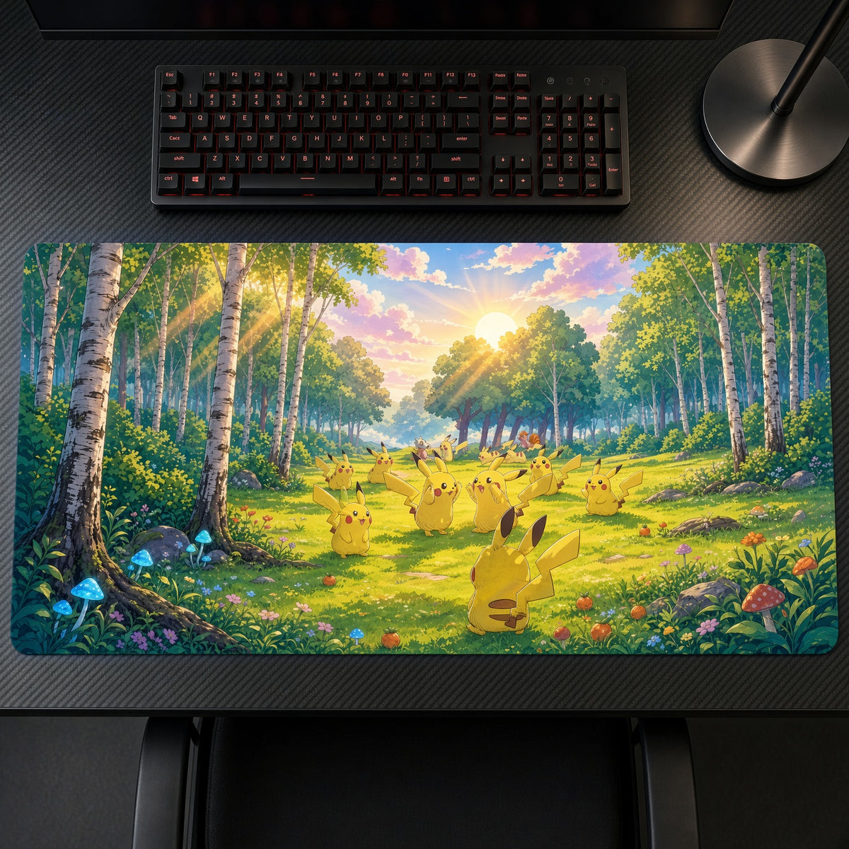Pikachu Birch Forest Pokémon Playmat on a gaming desk, top-down view