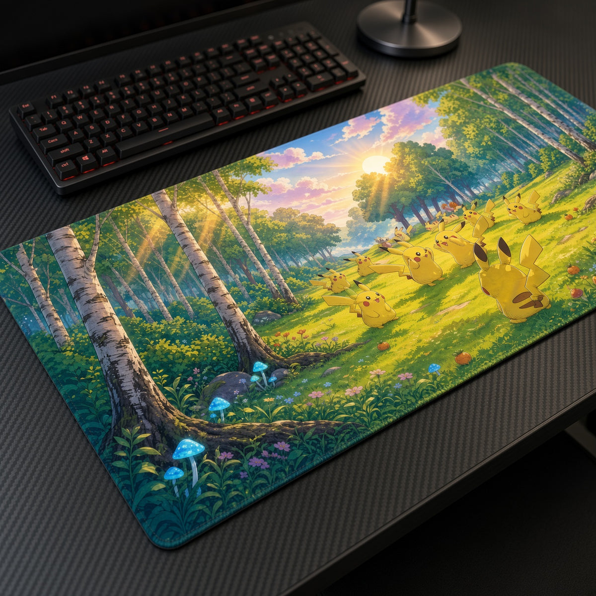 Pikachu Birch Forest Pokémon Playmat at an angle with keyboard and mouse
