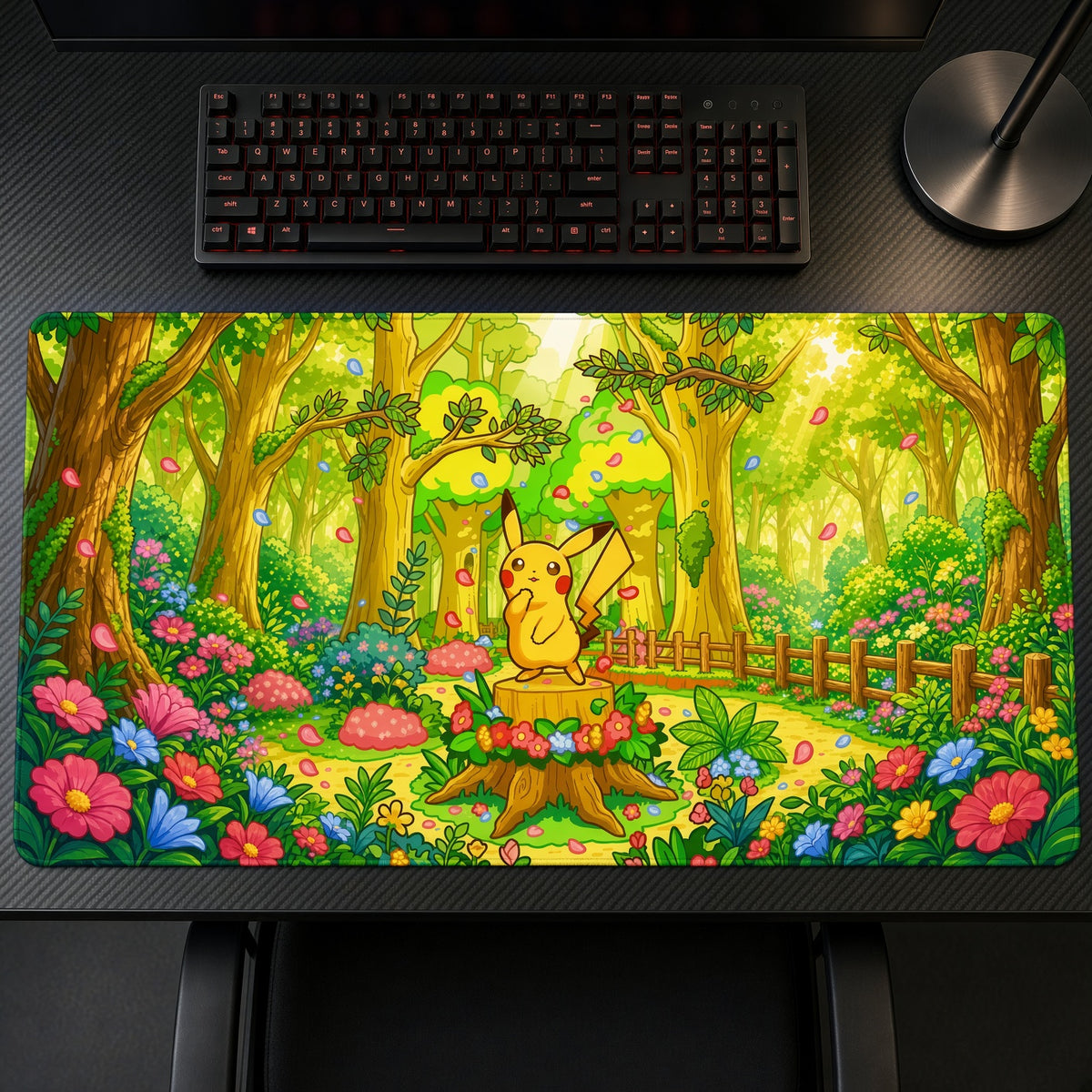 Pikachu Flower Forest Pokémon Playmat on a gaming desk, top-down view