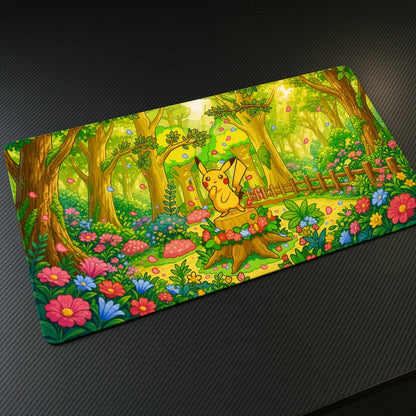 Pikachu Flower Forest Pokémon Playmat at an angle with keyboard and mouse