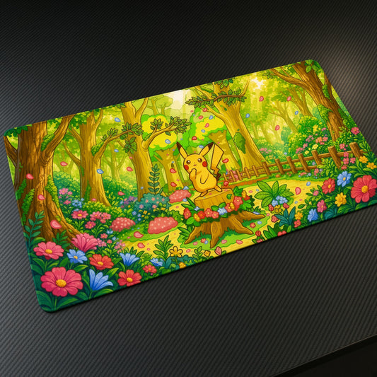 Pikachu Flower Forest Pokémon Playmat at an angle with keyboard and mouse