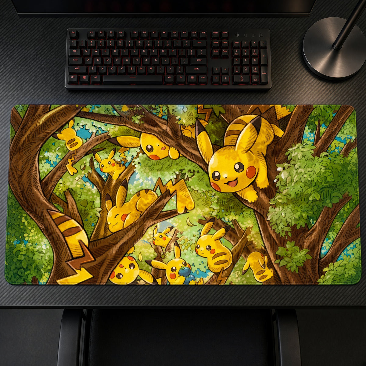 Pikachu Forest Tree Pack Pokémon Playmat on a gaming desk, top-down view