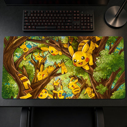 Pikachu Forest Tree Pack Pokémon Playmat on a gaming desk, top-down view