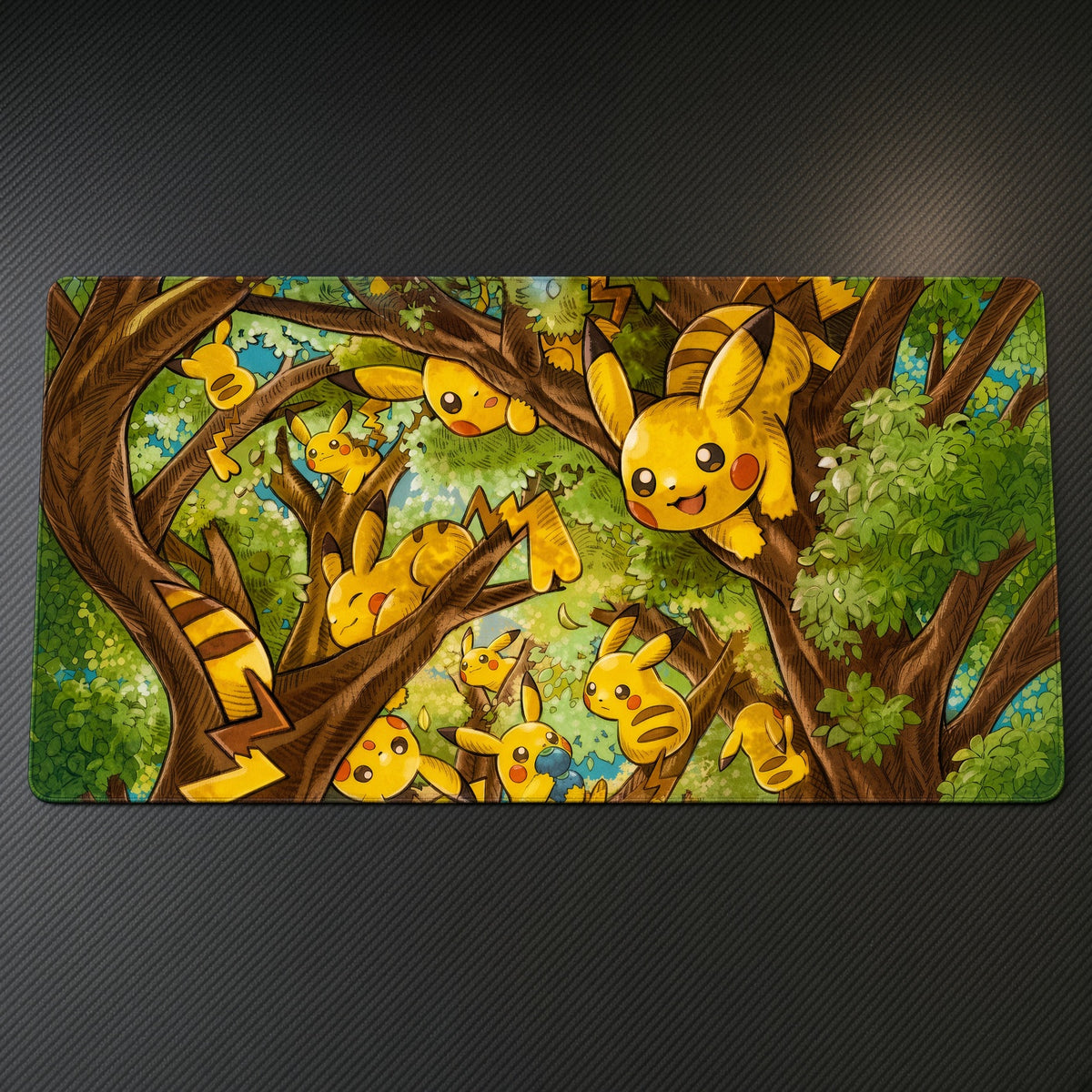 Pikachu Forest Tree Pack Pokémon Playmat at an angle with keyboard and mouse