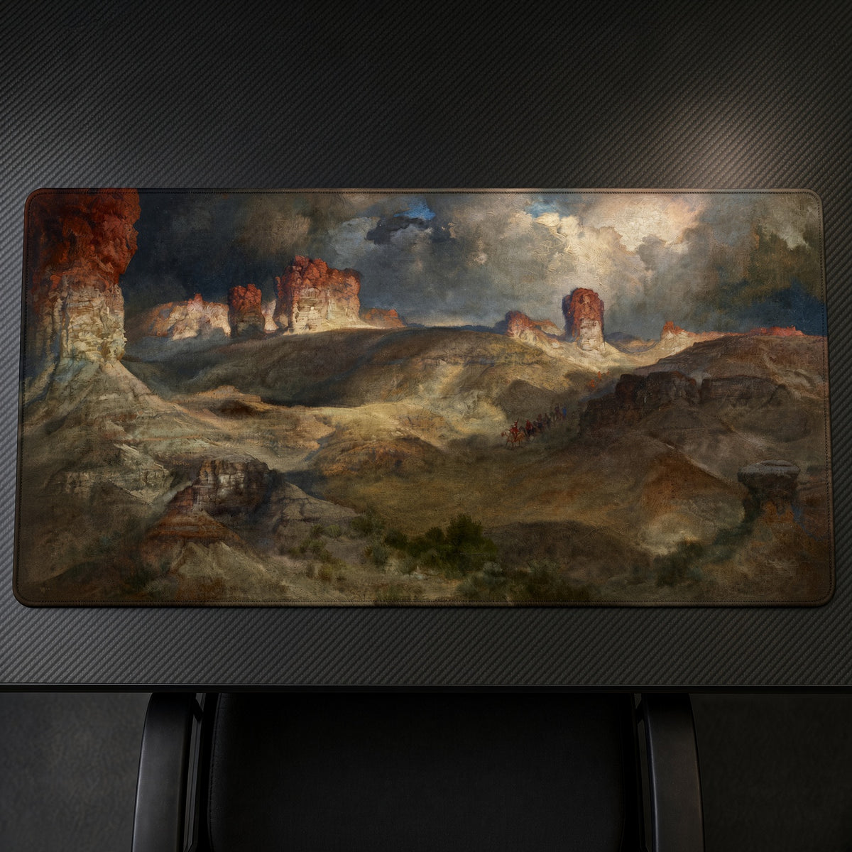 Pine Buttes, Wyoming Thomas Moran Playmat on a gaming desk, top-down view