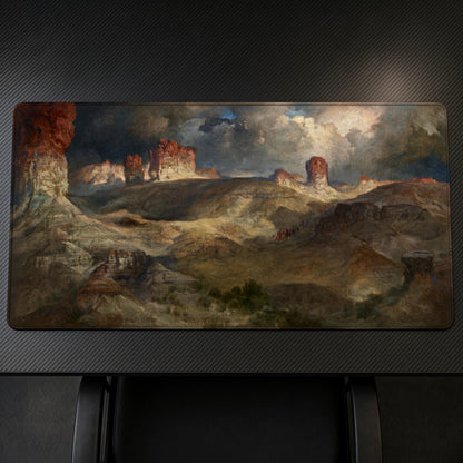 Pine Buttes, Wyoming Thomas Moran Playmat on a gaming desk, top-down view