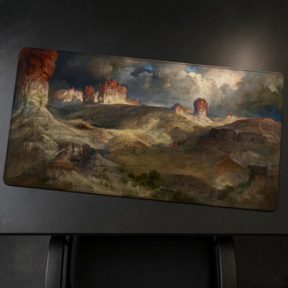 Pine Buttes, Wyoming Thomas Moran Playmat at an angle on a gaming desk