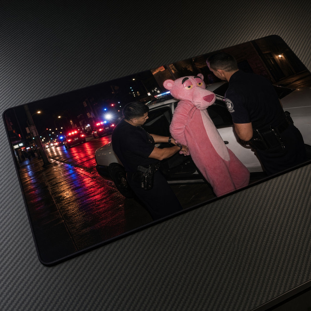 Pink Panther Costume Arrest Playmat at an angle on a gaming desk