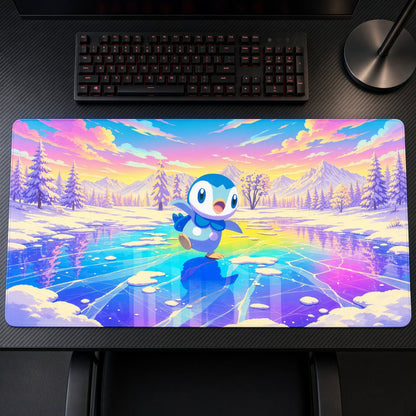 Piplup Rainbow Ice Lake Pokémon Playmat on a gaming desk, top-down view