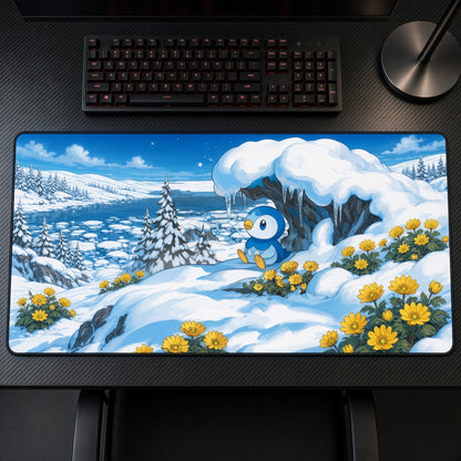 Piplup Snowy Meadow Pokémon Playmat on a gaming desk, top-down view