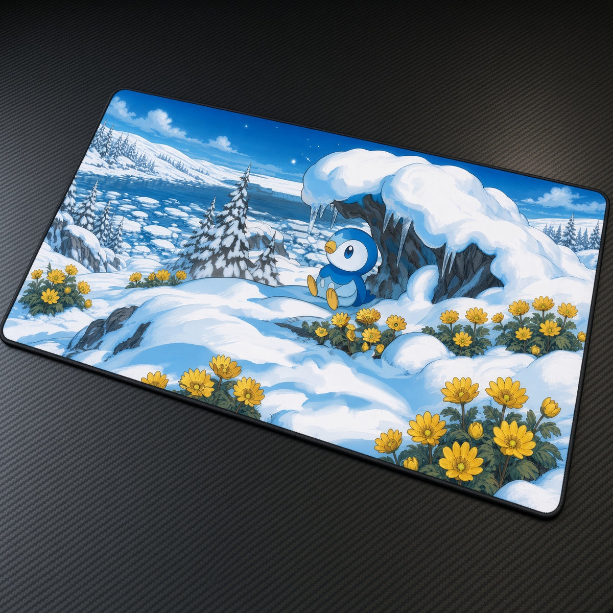 Piplup Snowy Meadow Pokémon Playmat at an angle on a gaming desk