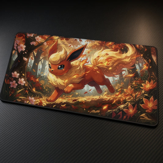 Flareon Blazing Spirit playmat at an angle on a gaming desk