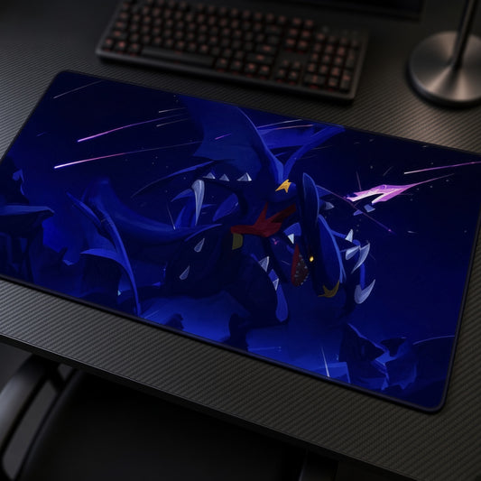 Garchomp Sky Predator playmat at an angle on a gaming desk