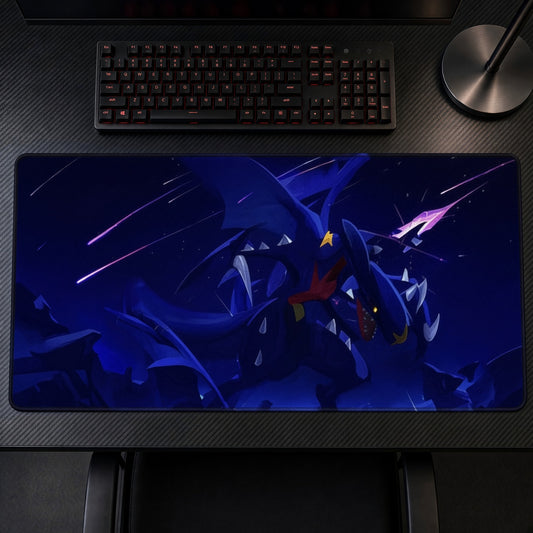 Garchomp Sky Predator playmat on a gaming desk, top-down view