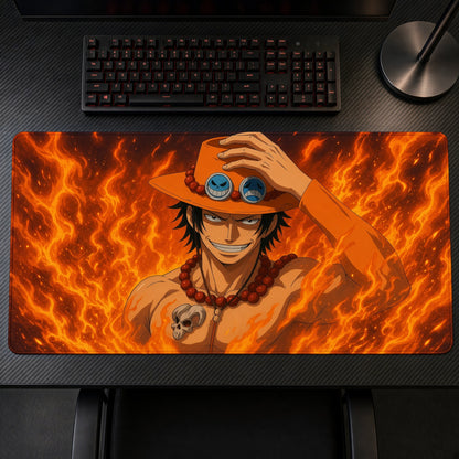 Portgas D. Ace Fire Fist One Piece Playmat on a gaming desk, top-down view
