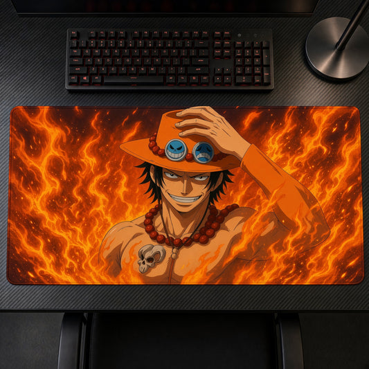 Portgas D. Ace Fire Fist One Piece Playmat on a gaming desk, top-down view