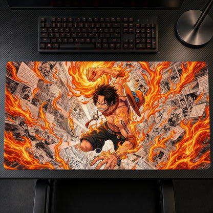 Portgas D. Ace Manga Fire One Piece Playmat on a gaming desk, top-down view