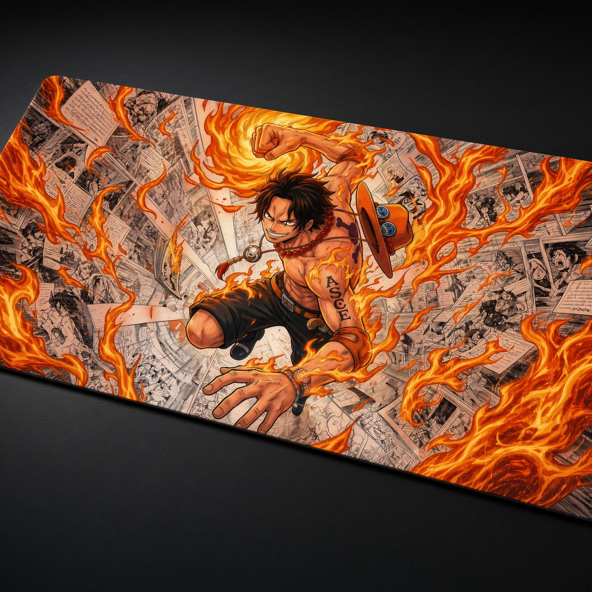 Portgas D. Ace Manga Fire One Piece Playmat at an angle on a gaming desk