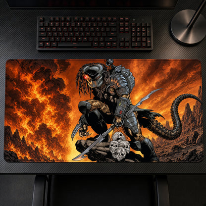 Predator Hellfire Skulls Playmat on a gaming desk, top-down view