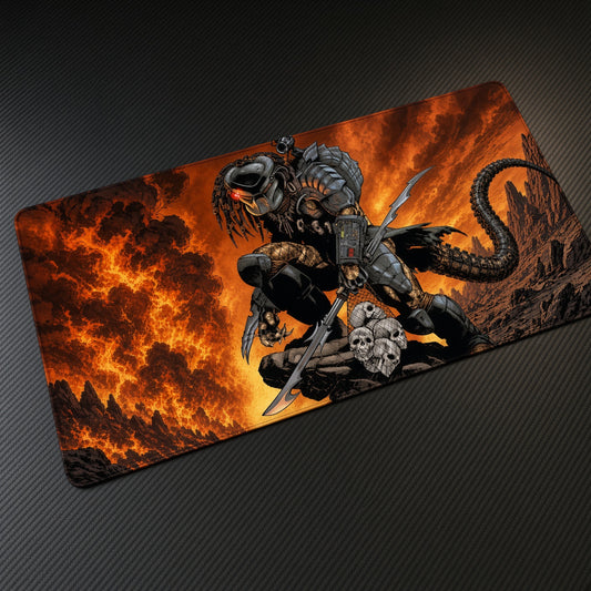 Predator Hellfire Skulls Playmat at an angle on a gaming desk