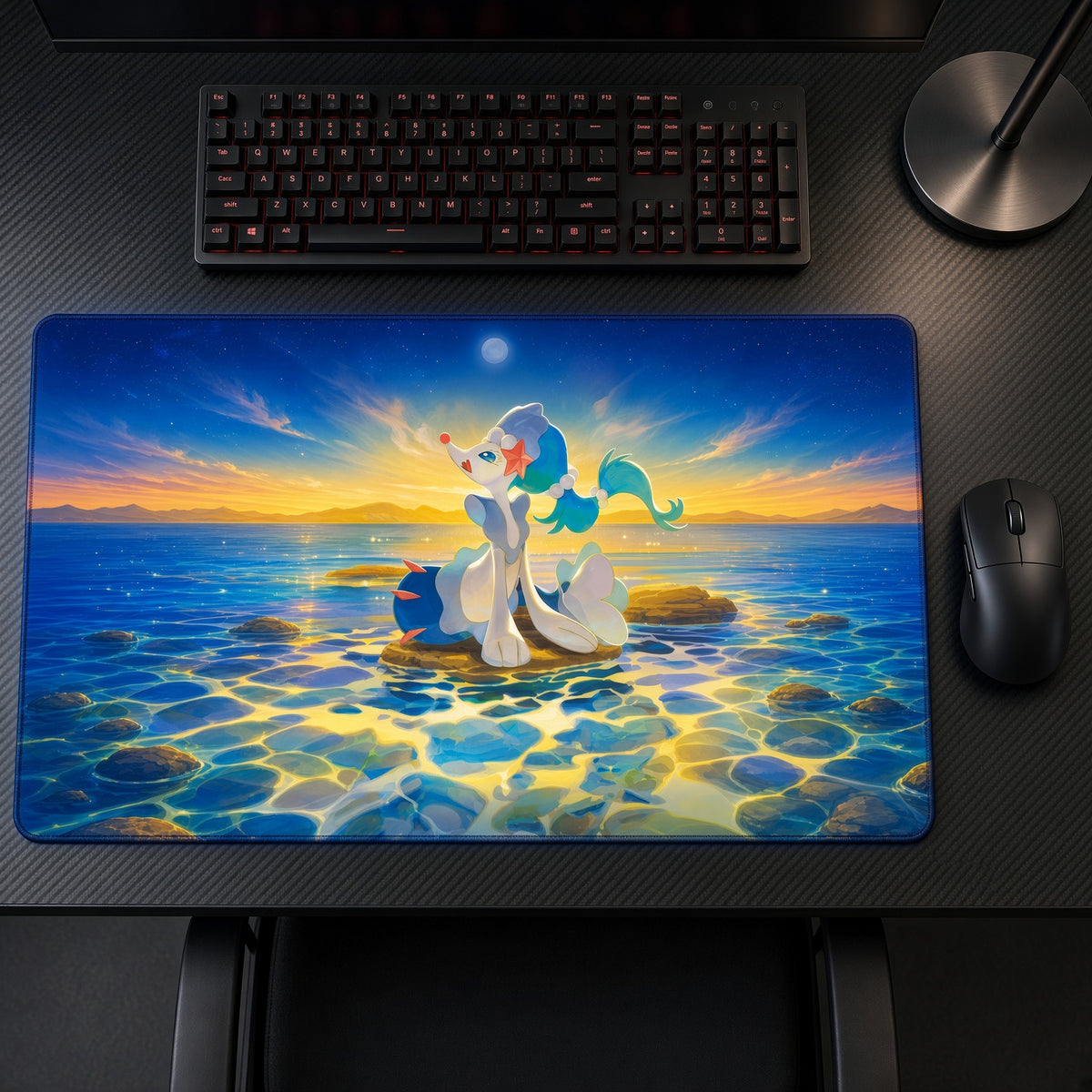 Primarina Sunset Sea Pokémon Playmat on a gaming desk, top-down view