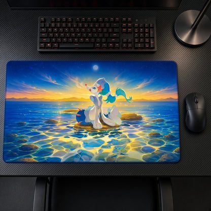 Primarina Sunset Sea Pokémon Playmat on a gaming desk, top-down view