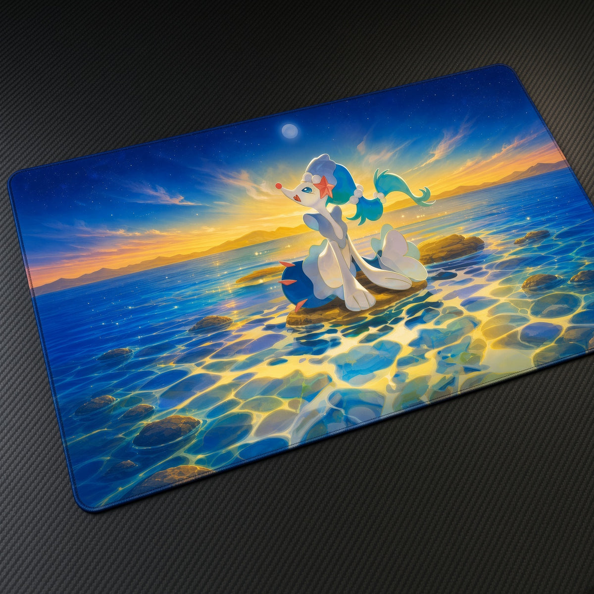 Primarina Sunset Sea Pokémon Playmat at an angle with keyboard and mouse