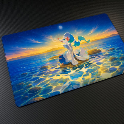 Primarina Sunset Sea Pokémon Playmat at an angle with keyboard and mouse