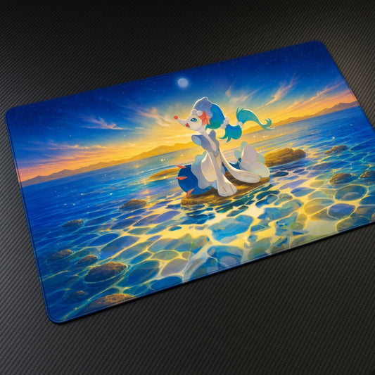 Primarina Sunset Sea Pokémon Playmat at an angle with keyboard and mouse