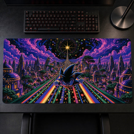 Psychedelic Rainbow Road Temple Playmat on a gaming desk, top-down view