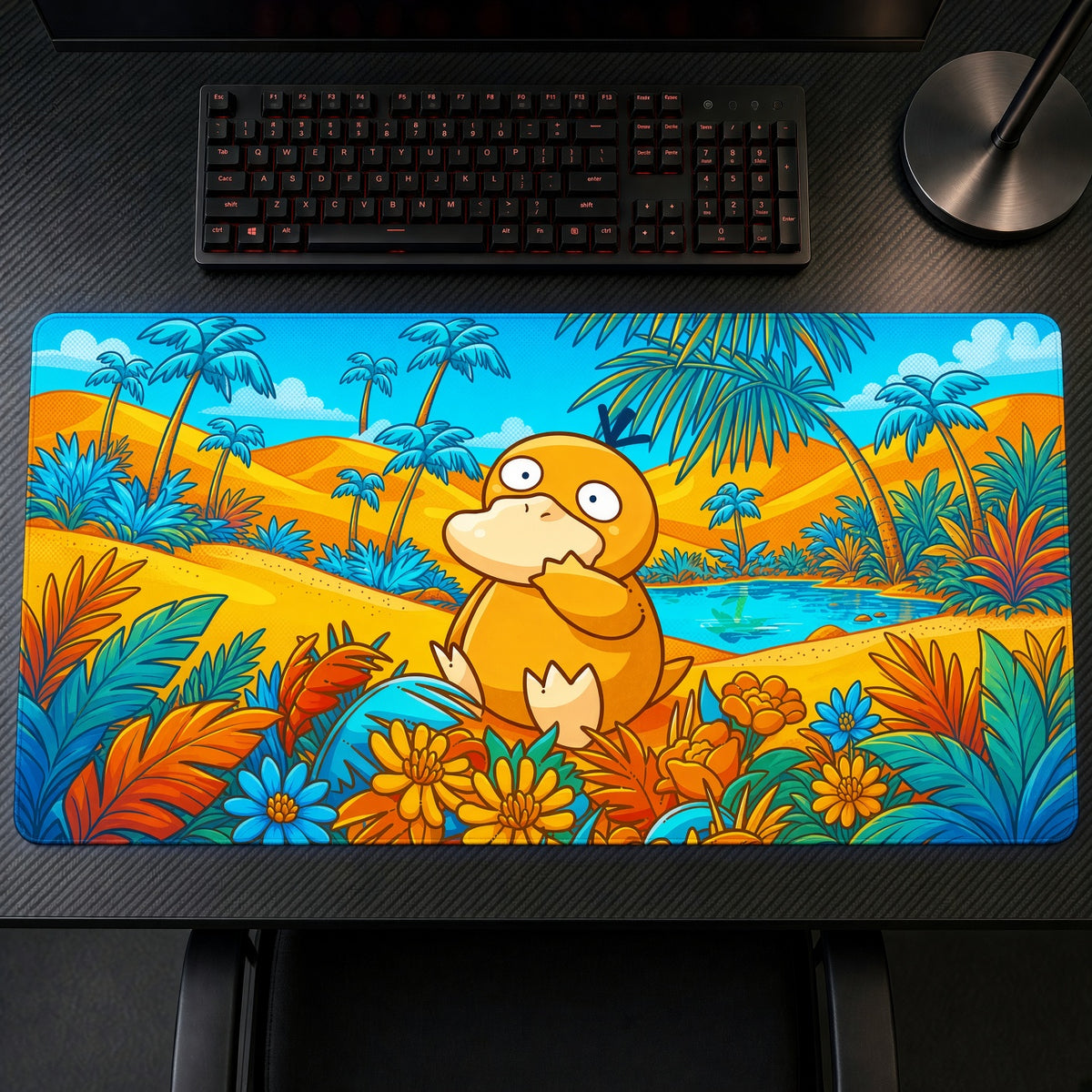 Psyduck Tropical Oasis Pokémon Playmat on a gaming desk, top-down view
