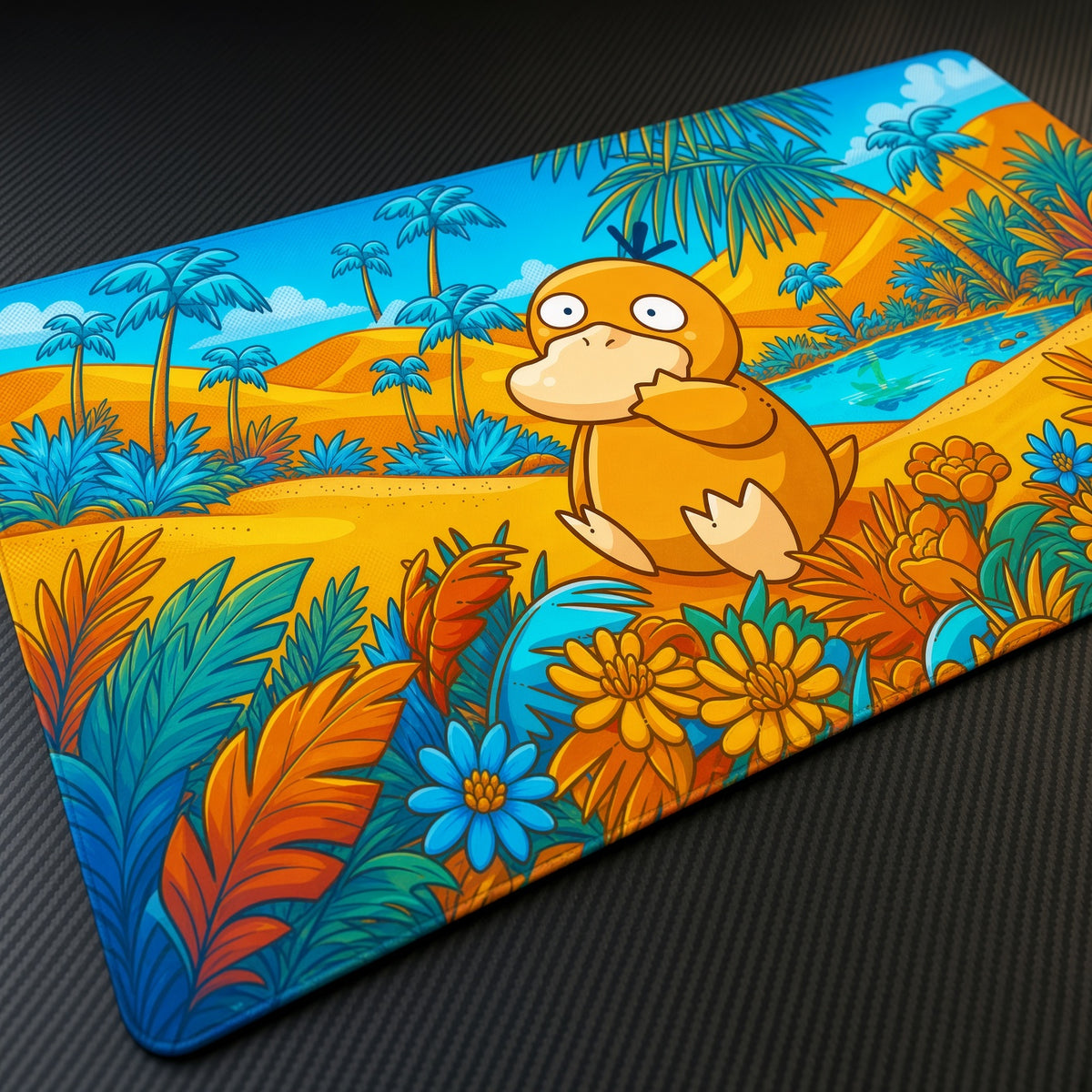 Psyduck Tropical Oasis Pokémon Playmat at an angle with keyboard and mouse