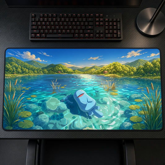 Quagsire Crystal Clear Lake Pokémon Playmat on a gaming desk, top-down view