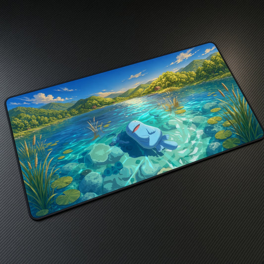 Quagsire Crystal Clear Lake Pokémon Playmat at an angle on a gaming desk
