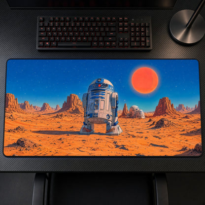 R2-D2 Desert Red Sun Star Wars Playmat on a gaming desk, top-down view