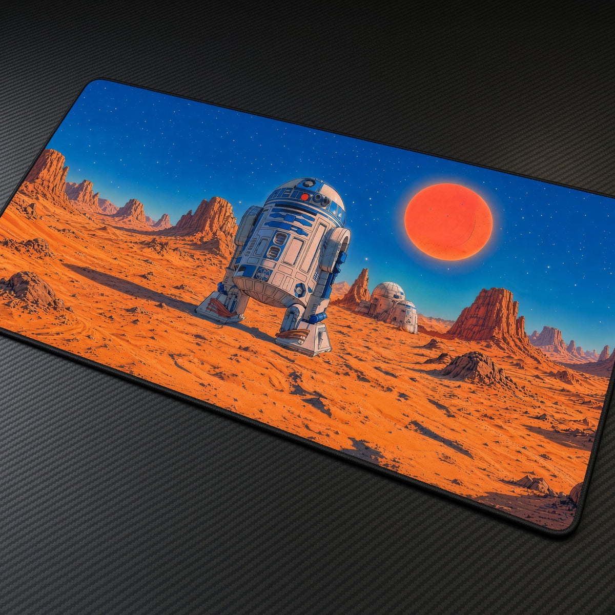 R2-D2 Desert Red Sun Star Wars Playmat at an angle on a gaming desk