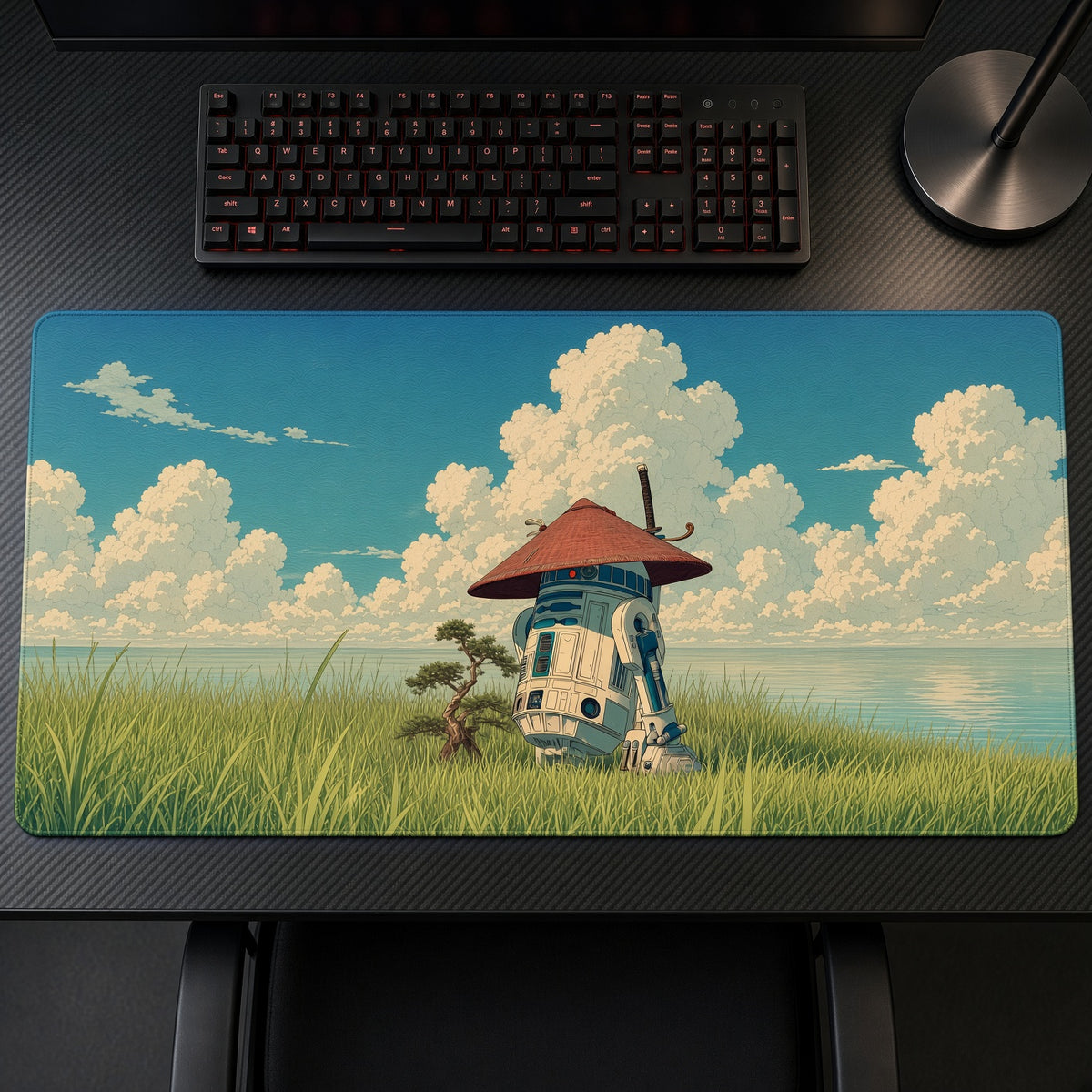 R2-D2 Overgrown Meadow Star Wars Playmat on a gaming desk, top-down view