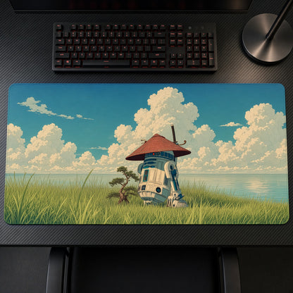 R2-D2 Overgrown Meadow Star Wars Playmat on a gaming desk, top-down view