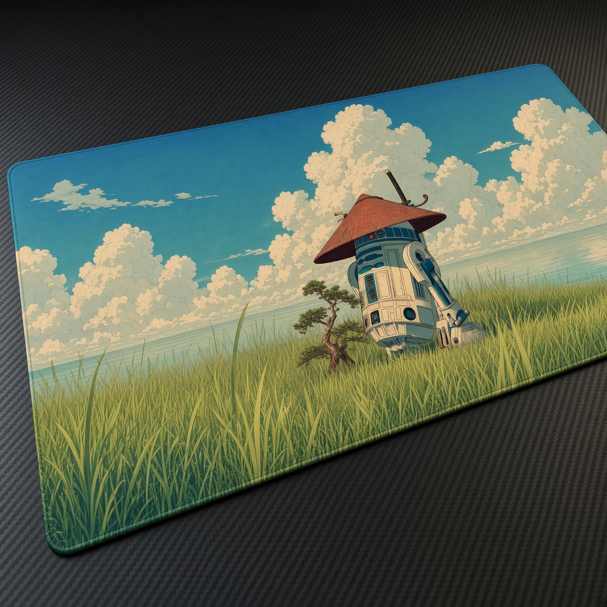 R2-D2 Overgrown Meadow Star Wars Playmat at an angle on a gaming desk