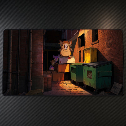 Raticate & Rattata Night Alley Pokémon Playmat at an angle with keyboard and mouse