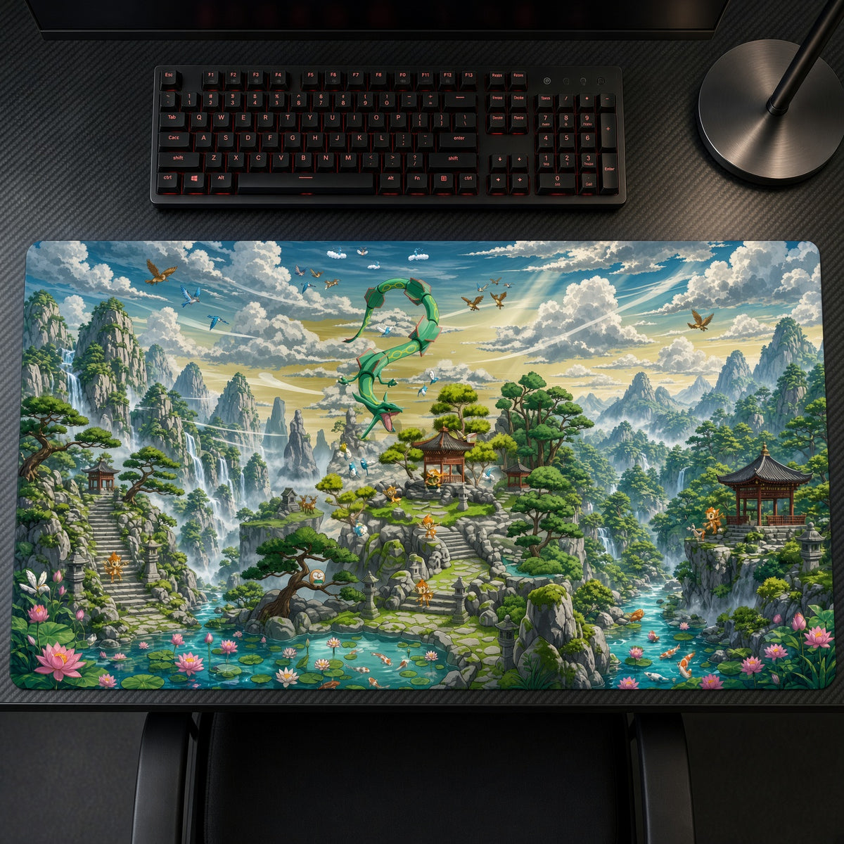 Rayquaza Mountain Temple Pokémon Playmat on a gaming desk, top-down view