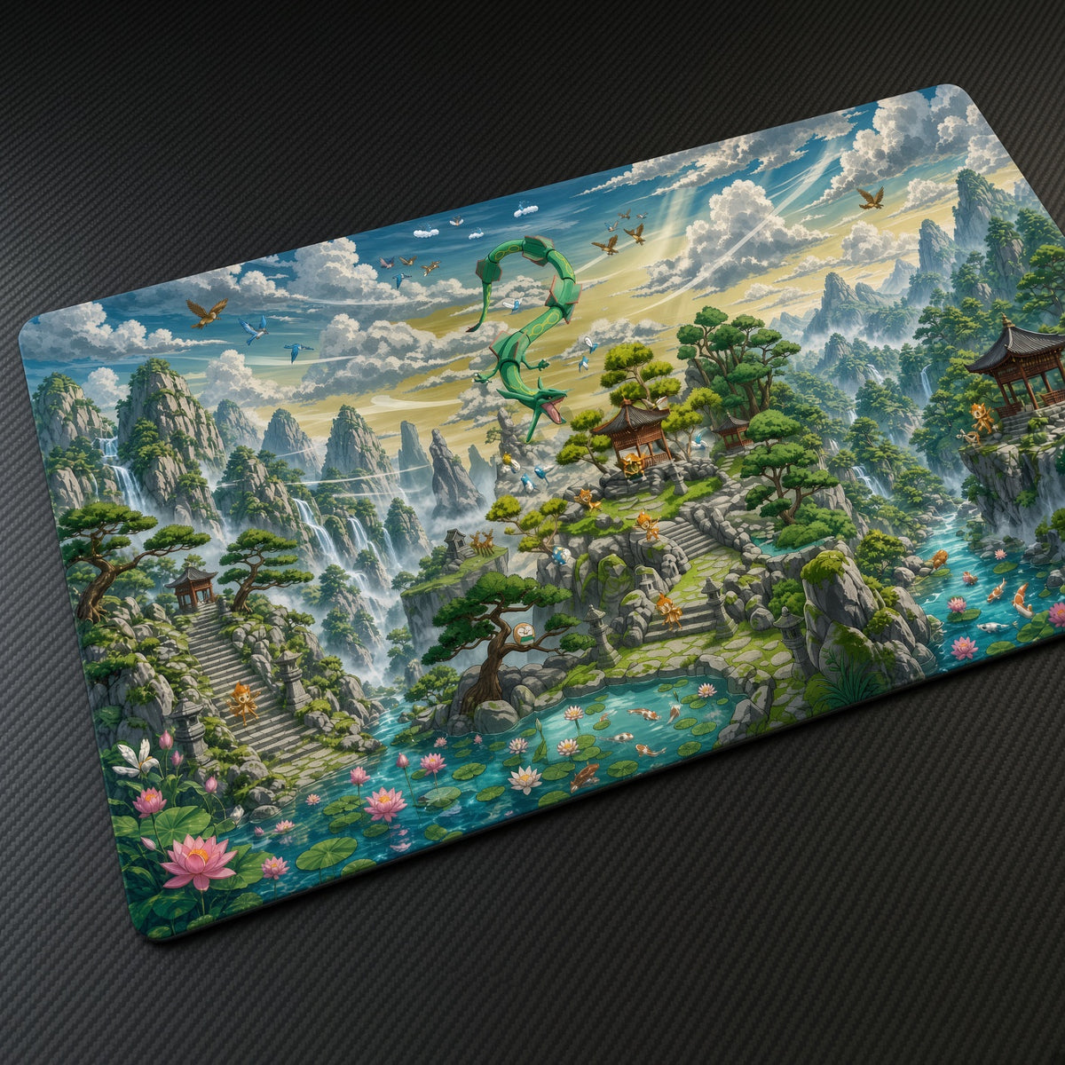 Rayquaza Mountain Temple Pokémon Playmat at an angle with keyboard and mouse