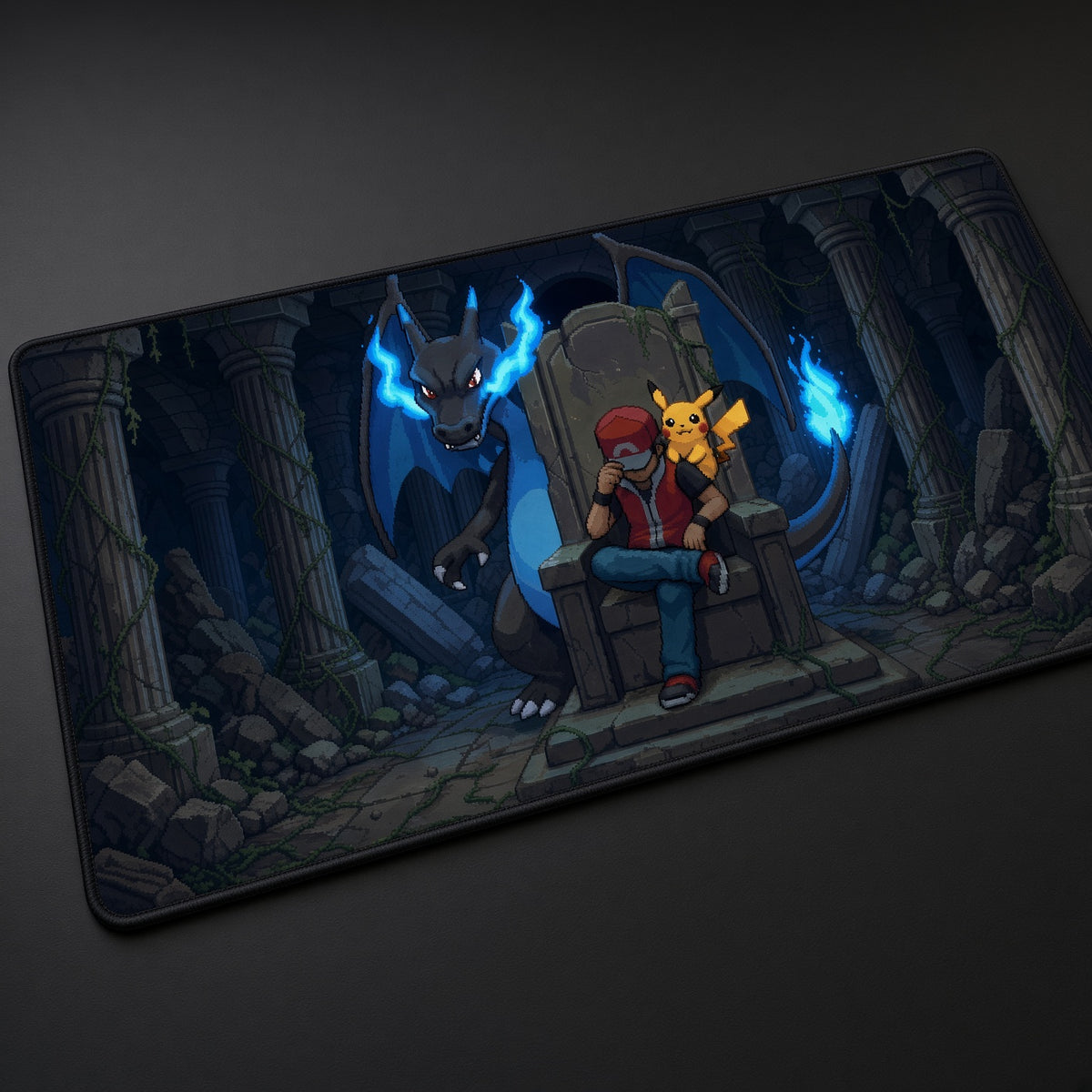Red and Pikachu Dark Throne Pokémon Playmat at an angle on a gaming desk