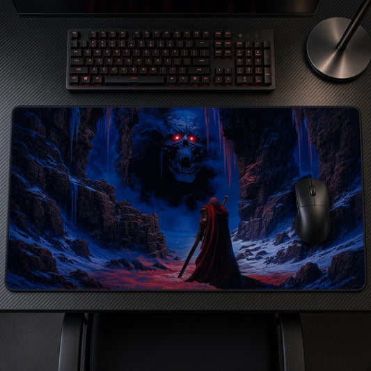 Red Cloak Wanderer Wolf Spirit Cavern Playmat on a gaming desk, top-down view