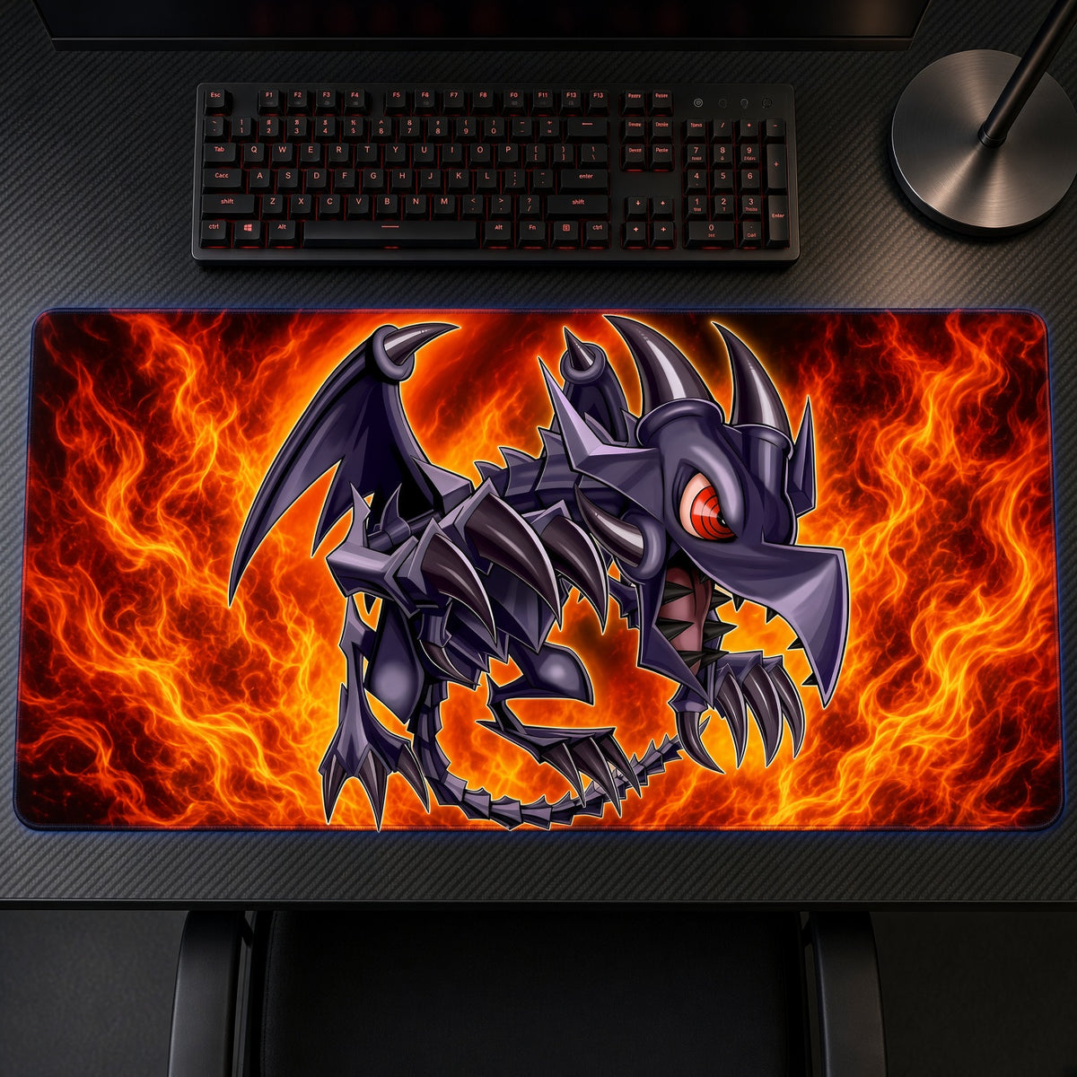Red-Eyes Black Dragon Flames Yu-Gi-Oh! Playmat on a gaming desk, top-down view