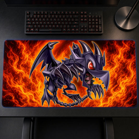 Red-Eyes Black Dragon Flames Yu-Gi-Oh! Playmat on a gaming desk, top-down view